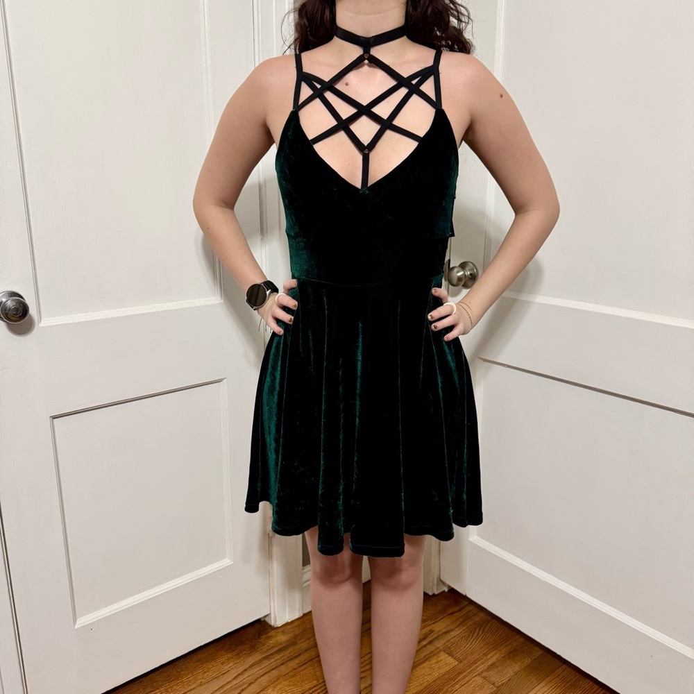 Killstar Strappy Velvet Mini Dress in Dark Green